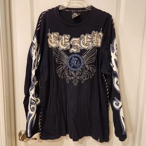 Cezer Embellished Mens Dark Blue Long Sleeve Graphic Logo Shirt